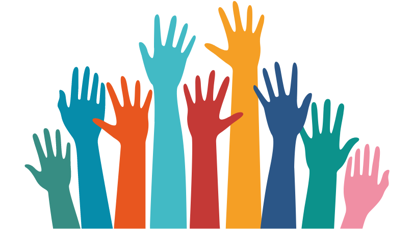 A rainbow of raised hands on a white background